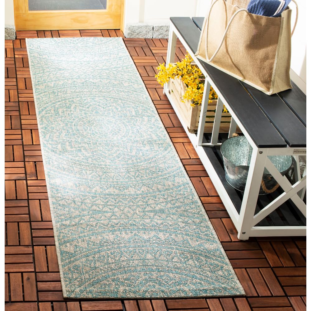 Safavieh Courtyard Collection 2' 3' X 16' Light Grey / Aqua Cy8734 Indoor/ Outdoor Easy Cleaning Patio Backyard Mudroom Runner Rug